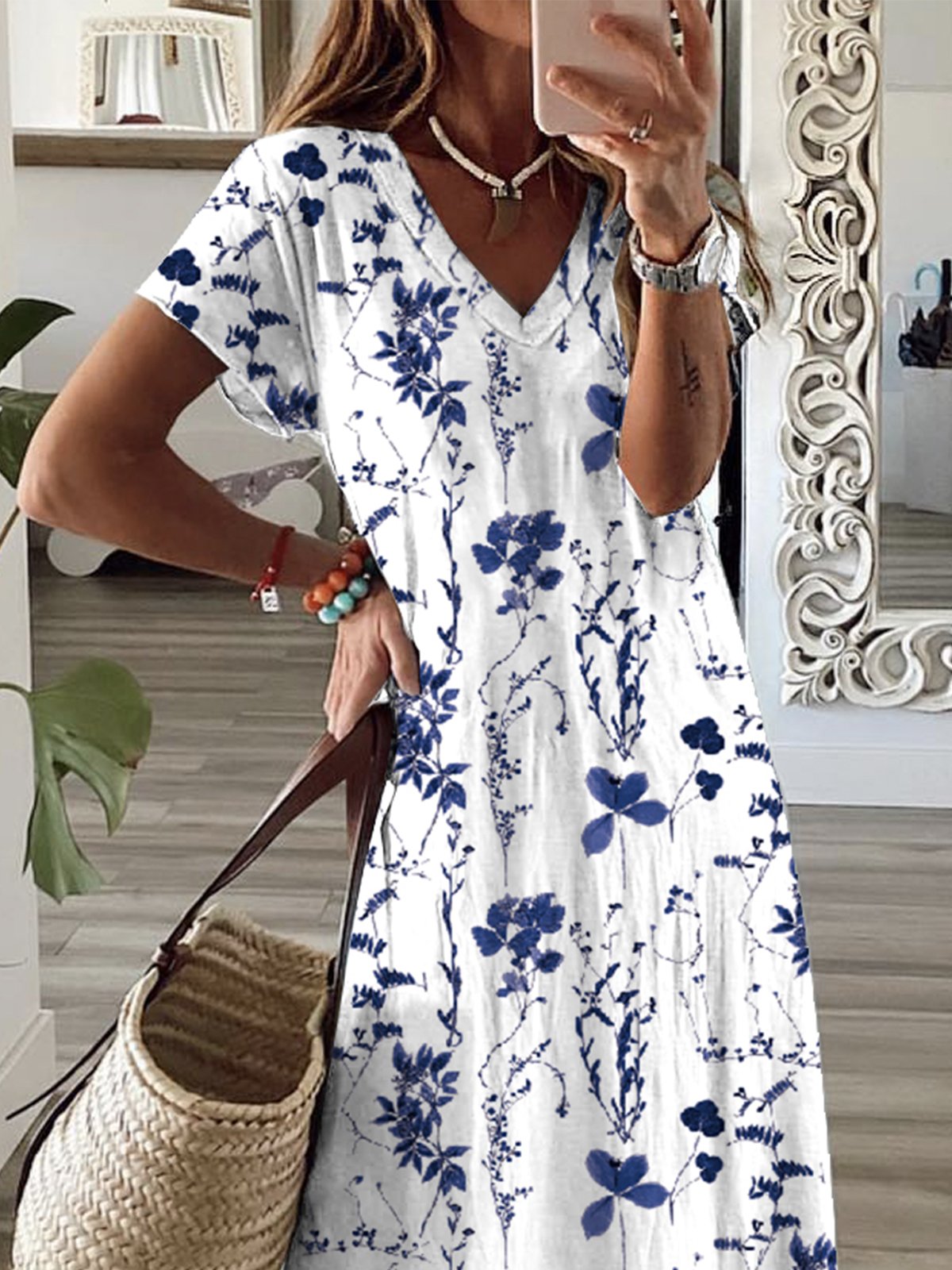 Women's Shift Dress Short Maxi Dress Short Sleeve Floral Print Summer Fall V Neck Casual Geometric Printed Dress