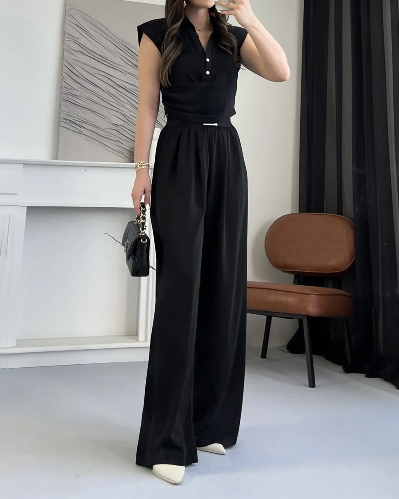 Solid Commuter Lappel Top & Pants Two-Piece Set