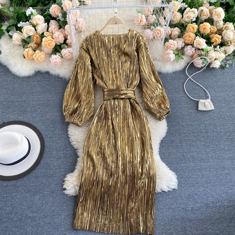 Long Sleeve Belted Glossy Maxi Dress Flaxmaker