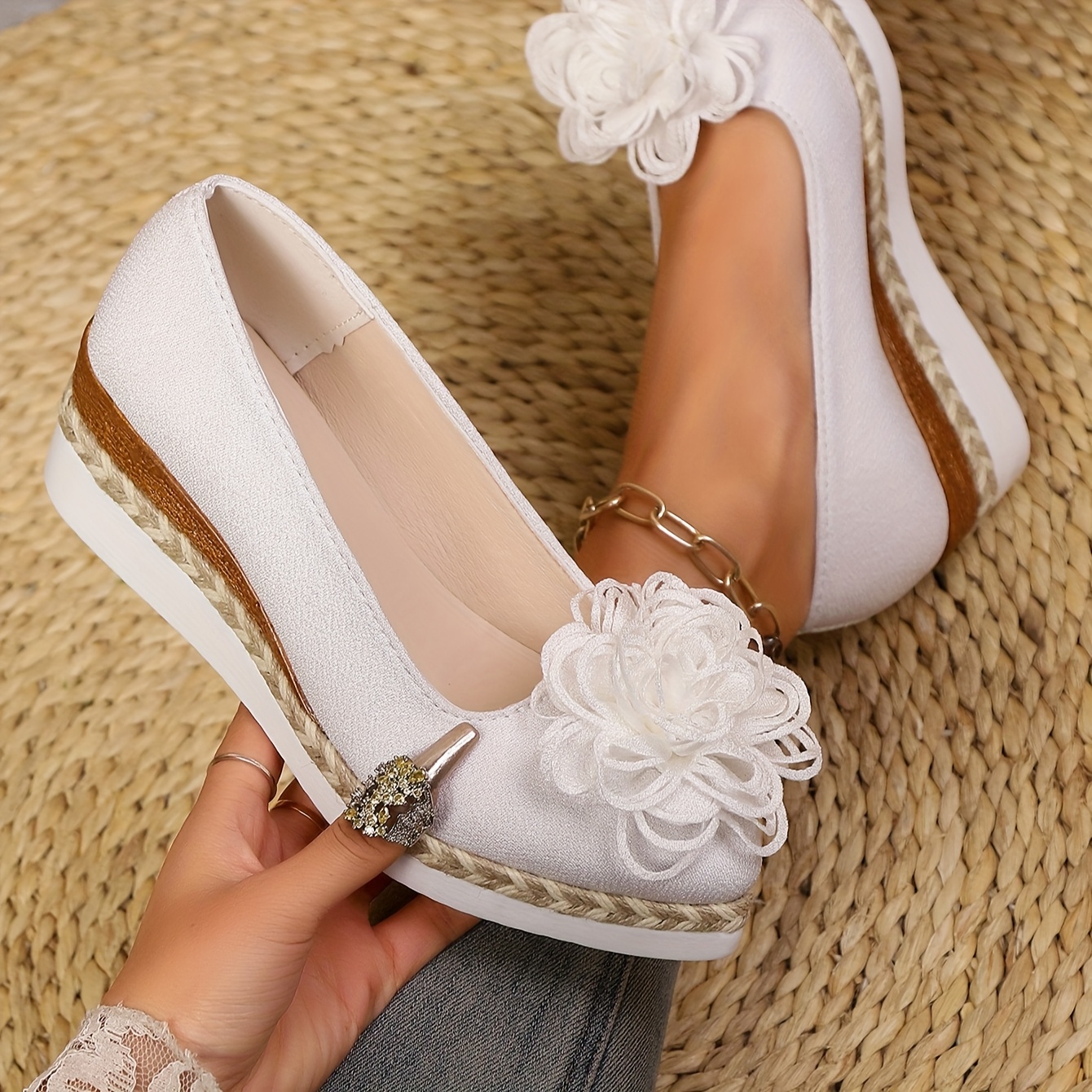 Women's Beige Espadrille Wedge Shoes with Floral Accent - Non-Slip, Lightweight PU Sole, Comfortable PVC Inner Lining, Fashionable Pointed Toe Design, Cute Shoes