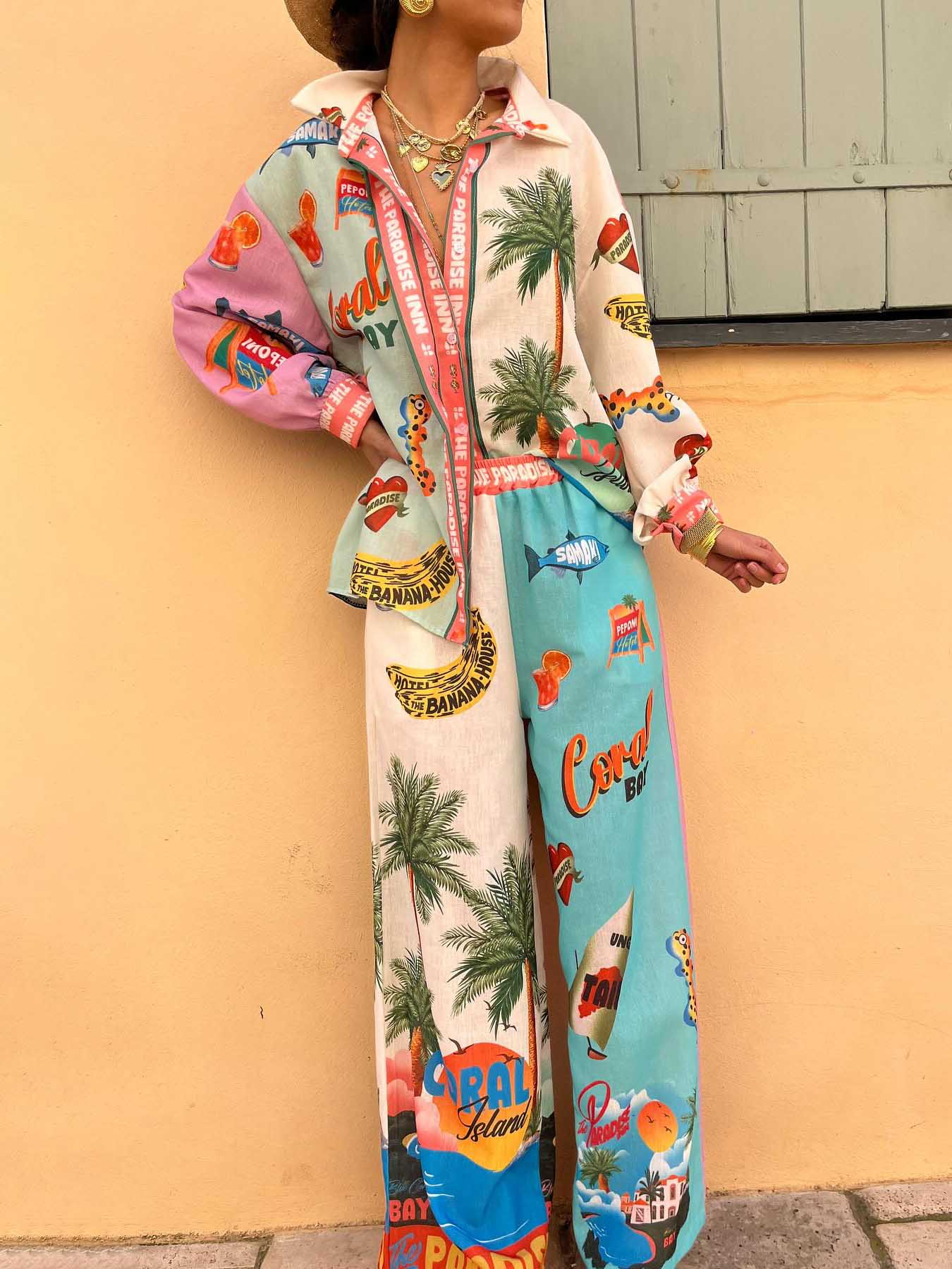 Unique Resort Island Print Elastic Waist Wide-leg Pants