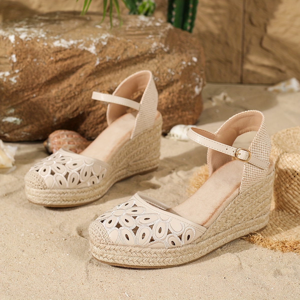 Women's Floral Espadrille Wedge Sandals - Casual Vacation Style with Ankle Strap, White Cut-Out Design, Round Toe, and TPR Sole for Spring Outings, Ladies Sandals
