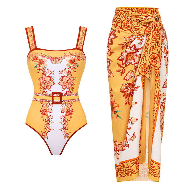 Sling Creative Flower Butterfly Lily Print One Piece Swimsuit and Sarong or Pants