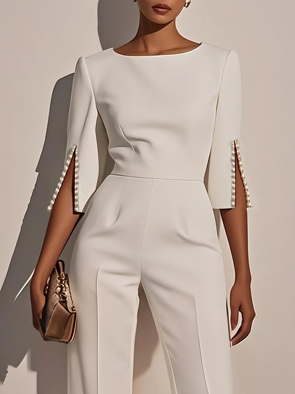 Split-Joint Solid Color Loose Round-neck Jumpsuits