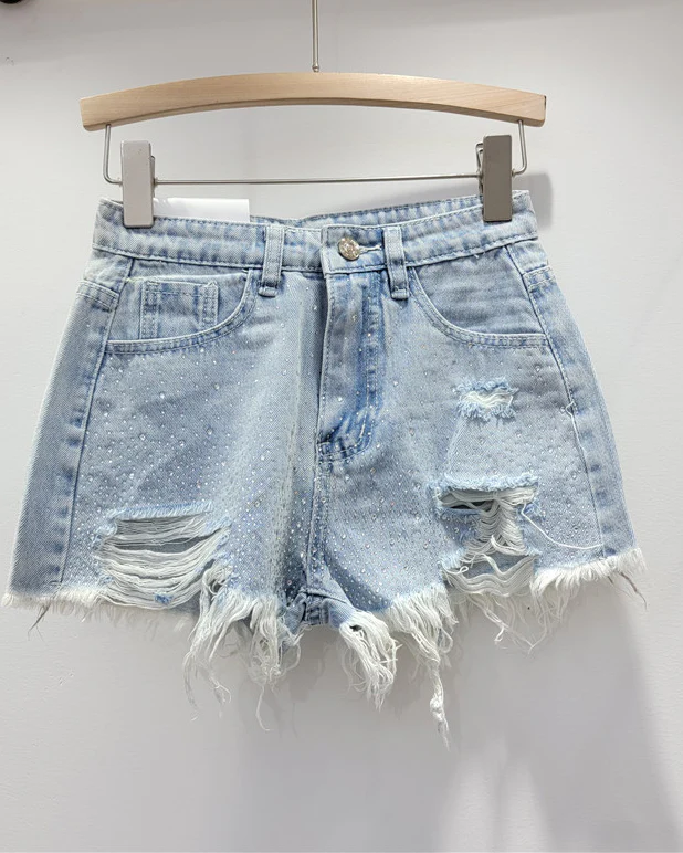 High-Waisted Slimming Colored Perm Ripped Denim Shorts