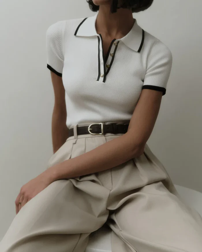 Contrast Trim Metal Button Knit Top