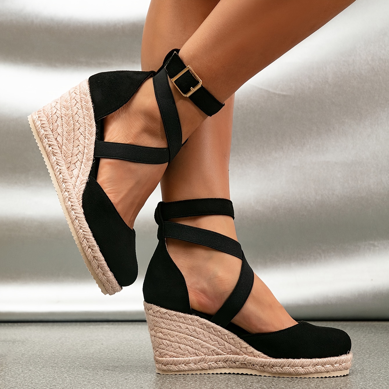 Women's Comfortable Black Platform Wedge Sandals - Round Toe, Crisscross Ankle Straps, High Heels for Summer Beach Fashion