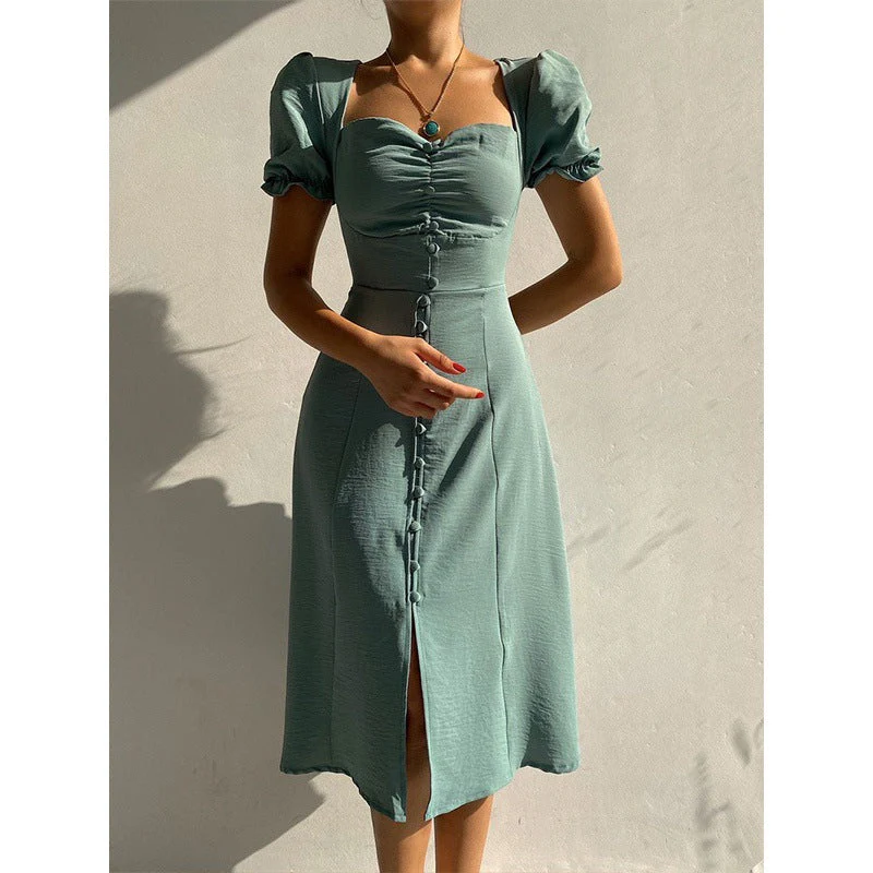 Button-Down Puff Sleeve Midi Dress