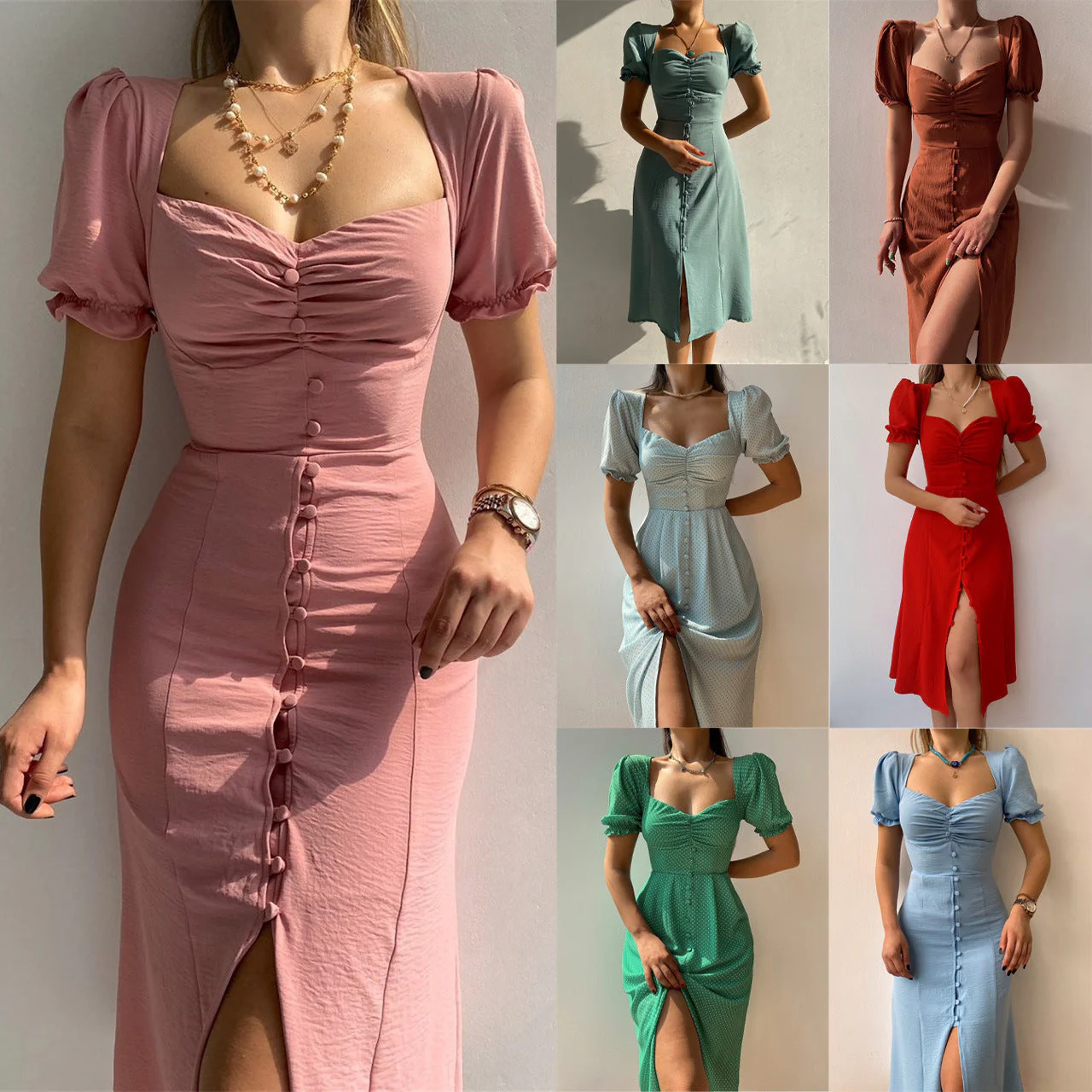 Button-Down Puff Sleeve Midi Dress