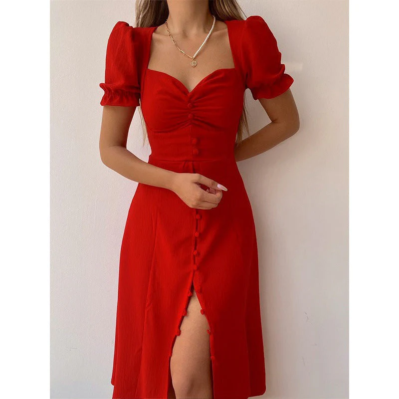 Button-Down Puff Sleeve Midi Dress