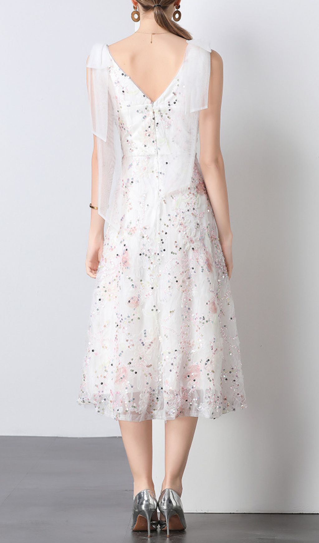 V-Neck Flower Sequin Midi Dress