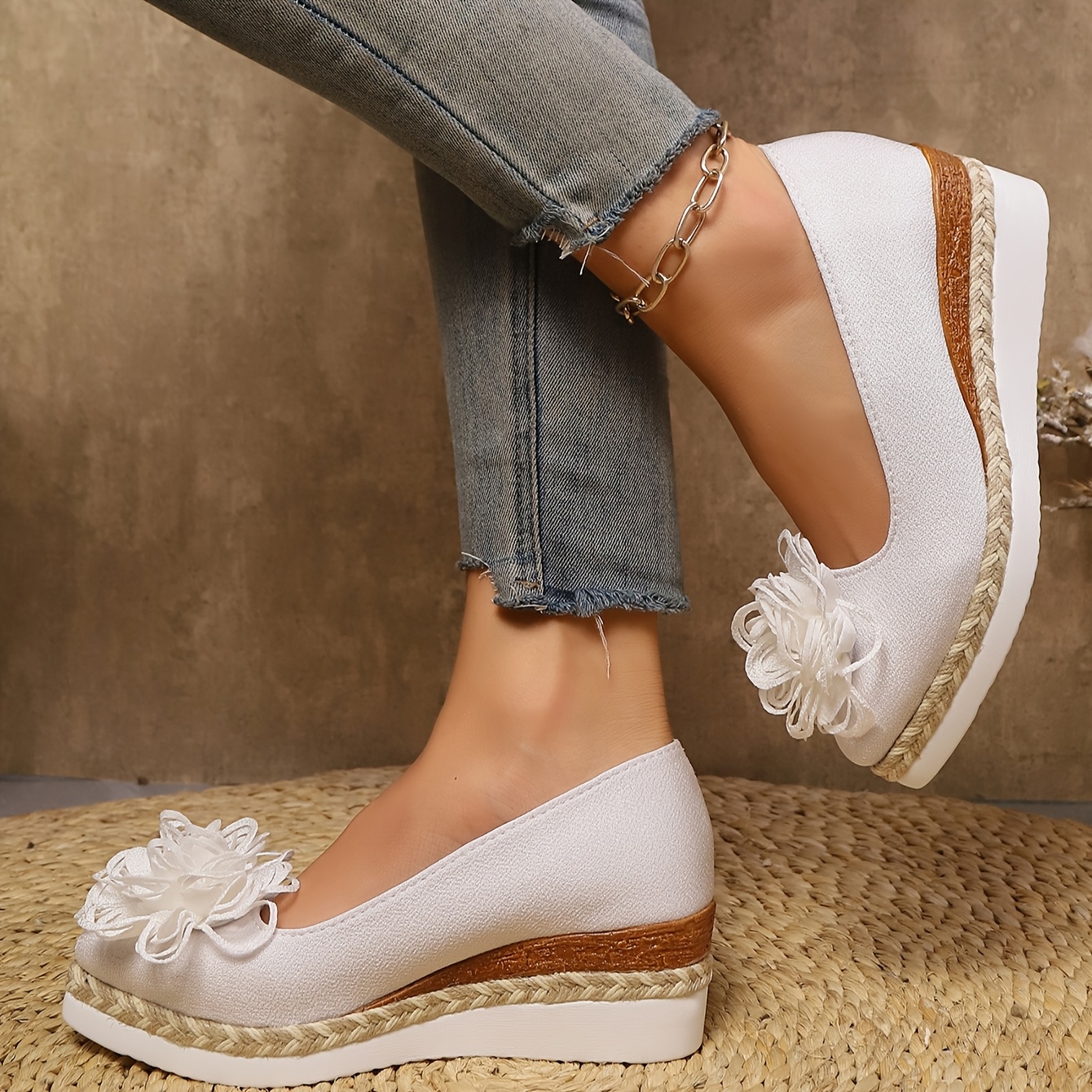 Women's Beige Espadrille Wedge Shoes with Floral Accent - Non-Slip, Lightweight PU Sole, Comfortable PVC Inner Lining, Fashionable Pointed Toe Design, Cute Shoes