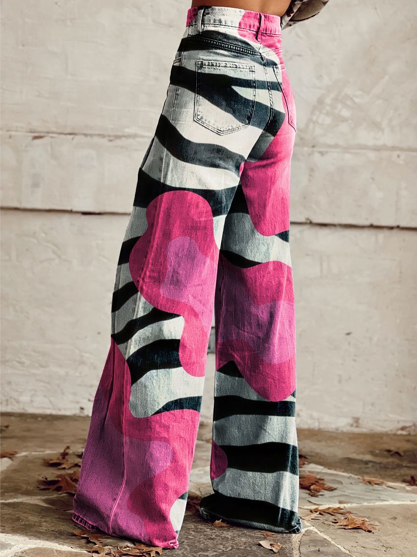 Women's Vintage Contrast Zebra Print Casual Wide Leg Pants